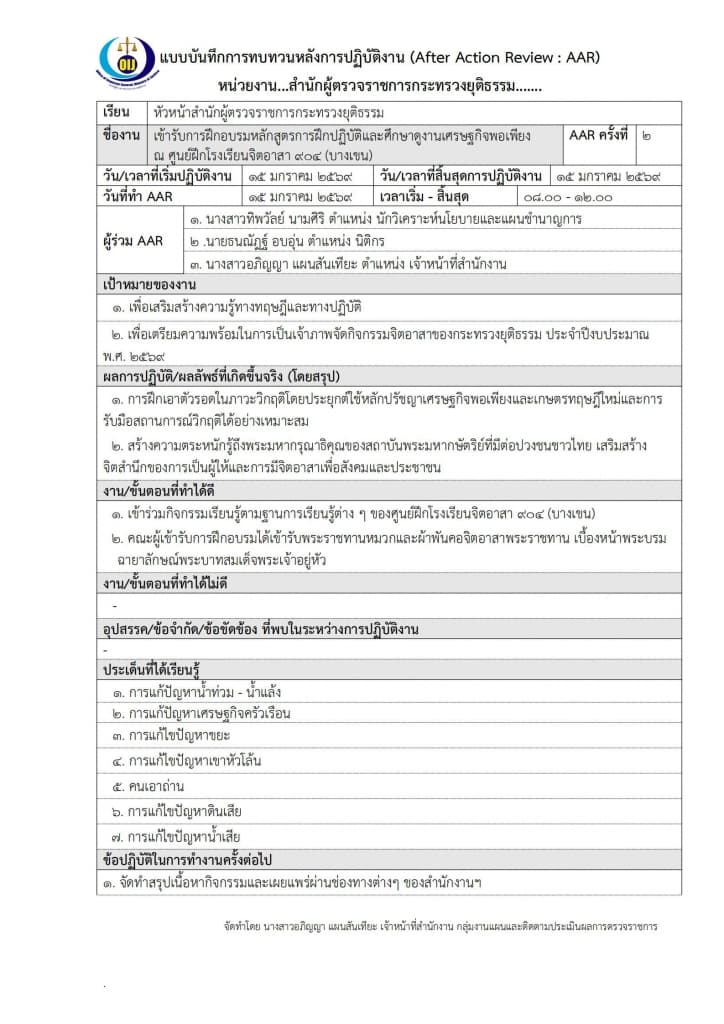 การทบทวนหลังการปฏิบัติงาน AAR : สำนักผู้ตรวจราชการกระทรวงยุติธรรม เรื่อง " การฝึกอบรมหลักสูตรการฝึกปฏิบัติและศึกษาดูงานเศรษฐกิจพอเพียง ณ ศูนย์ฝึกโรงเรียนจิตอาสา ๙๐๔ (บางเขน) "